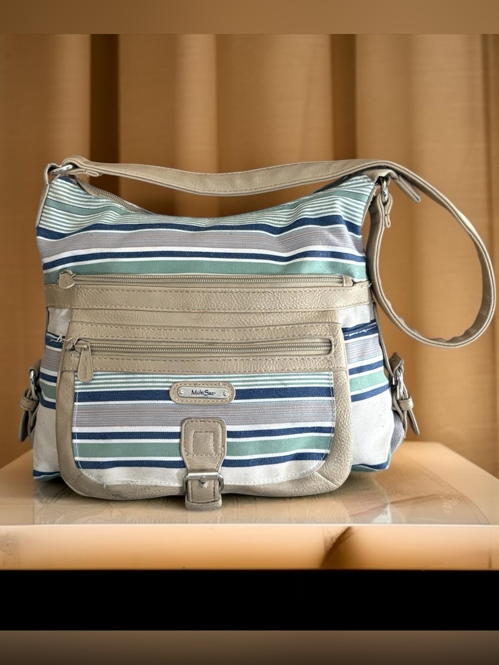 The Sak Cream Striped Canvas Shoulder Bag